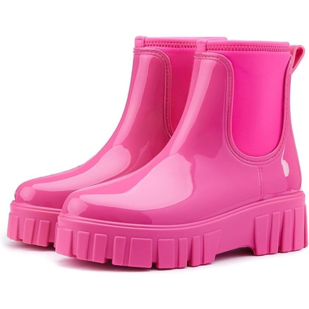 Women's Pink Ankle Boots Waterproof Platform Rubber Chelsea Comfortable Shoes - Picture 1 of 6